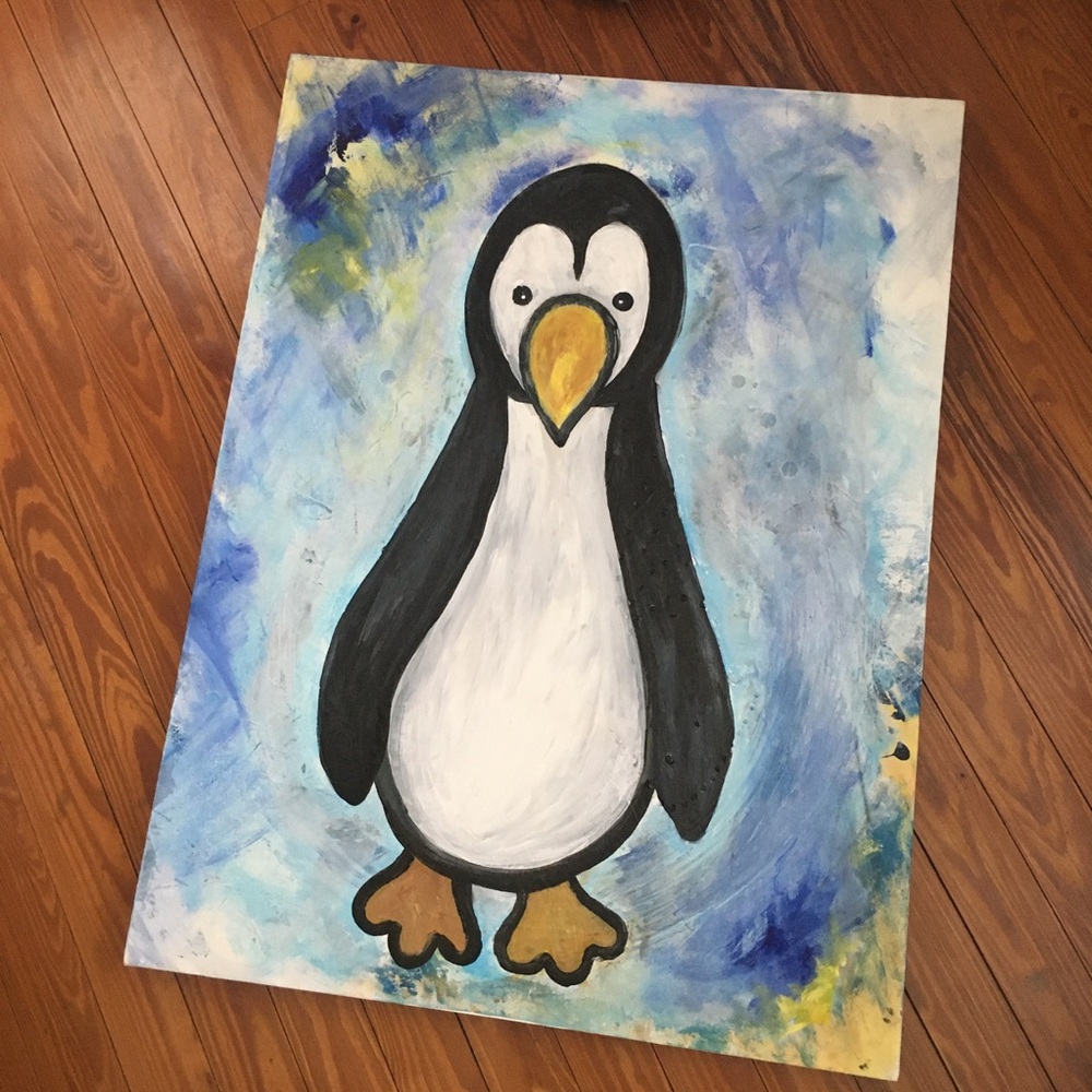 Impressionistic Original Painting Happy Penguin Golden Feet | Acrylic Canvas